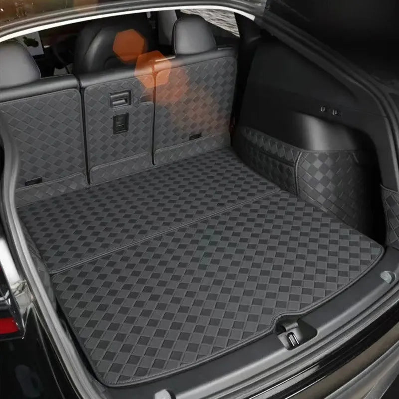 Leather trunk mat for Tesla Model 3 or Model Y boot in black, brown, or wine red.
