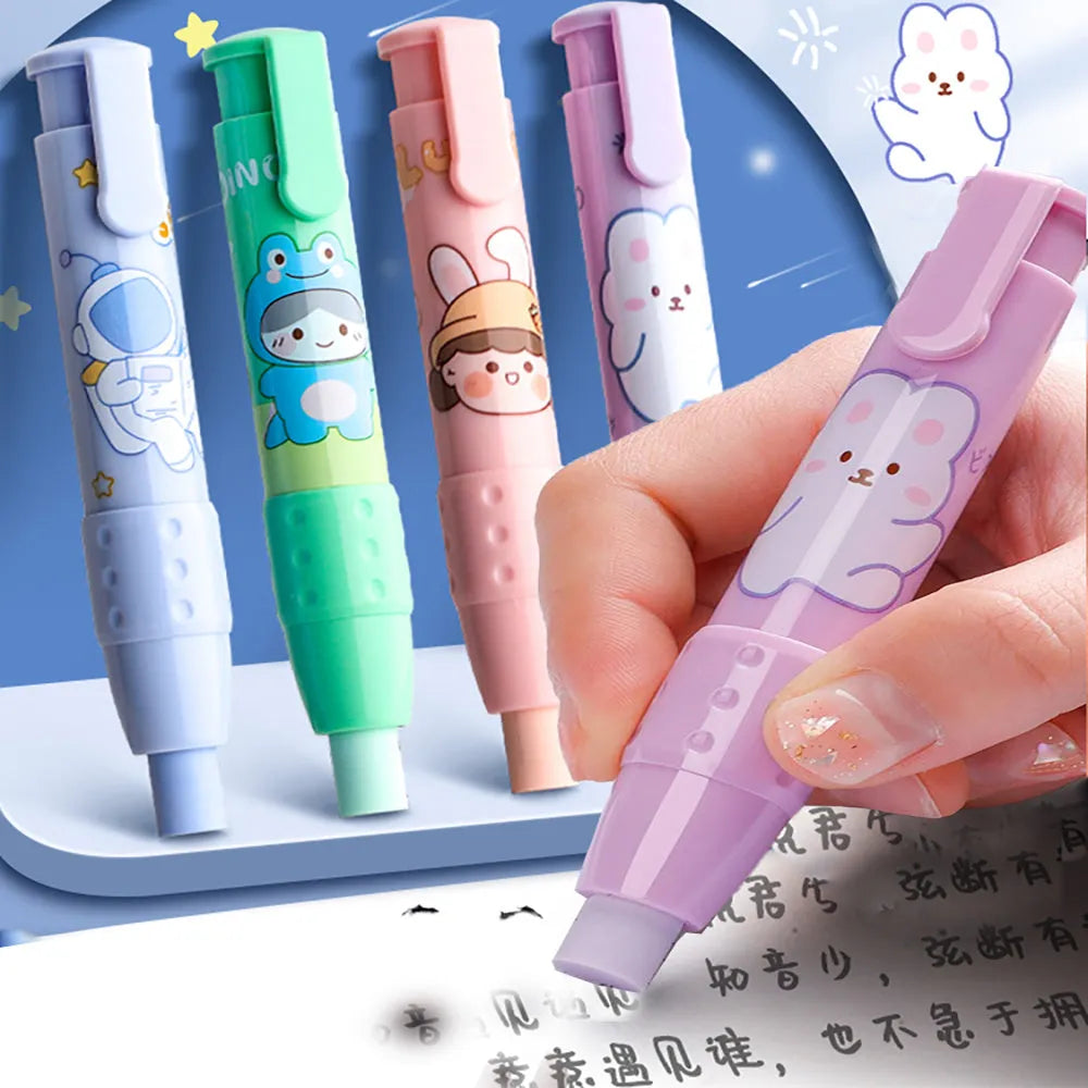 Push-button animal eraser in a plastic case with rubber cores, shown in Star Aerospace, Frog Prince, Cream Rabbit, and Pink Cute Pet designs