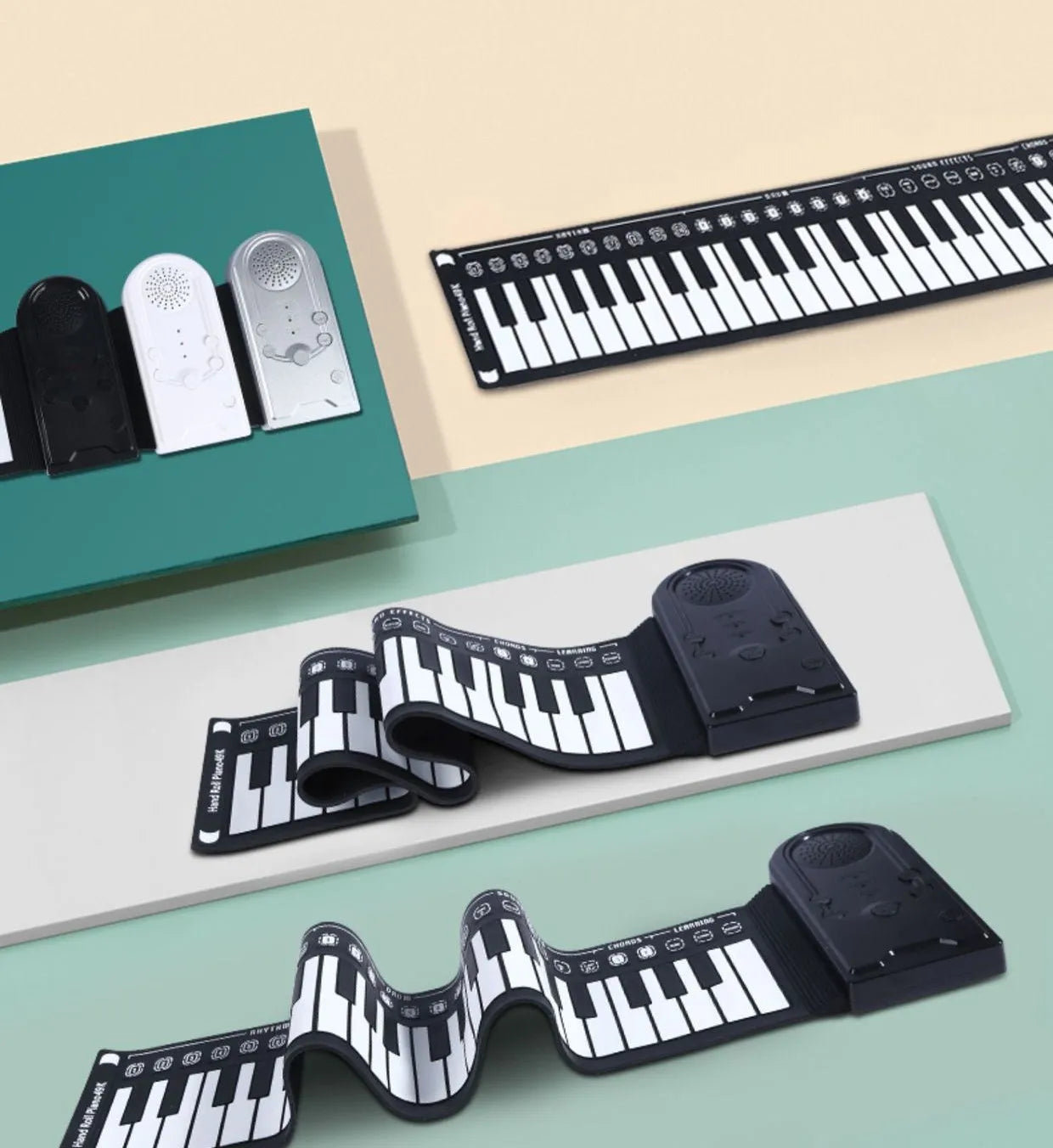 Portable folding electronic keyboard with 49 silicone rubber keys and built-in speaker in gloss black