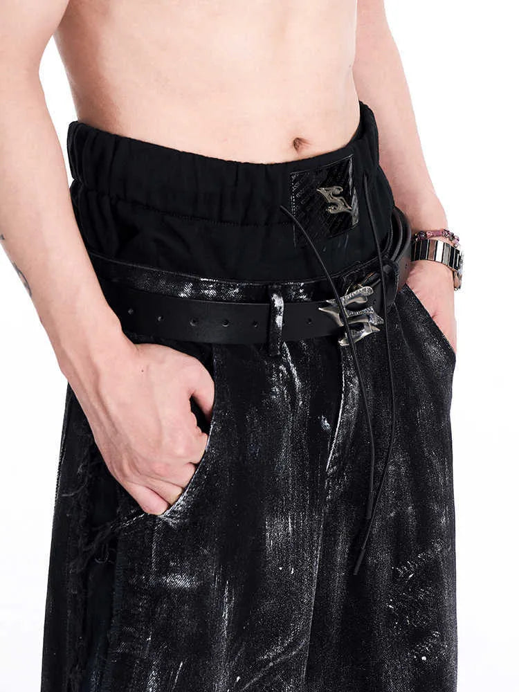 Men's black two-layer cowhide leather belt with a metal letter buckle, length 110cm.