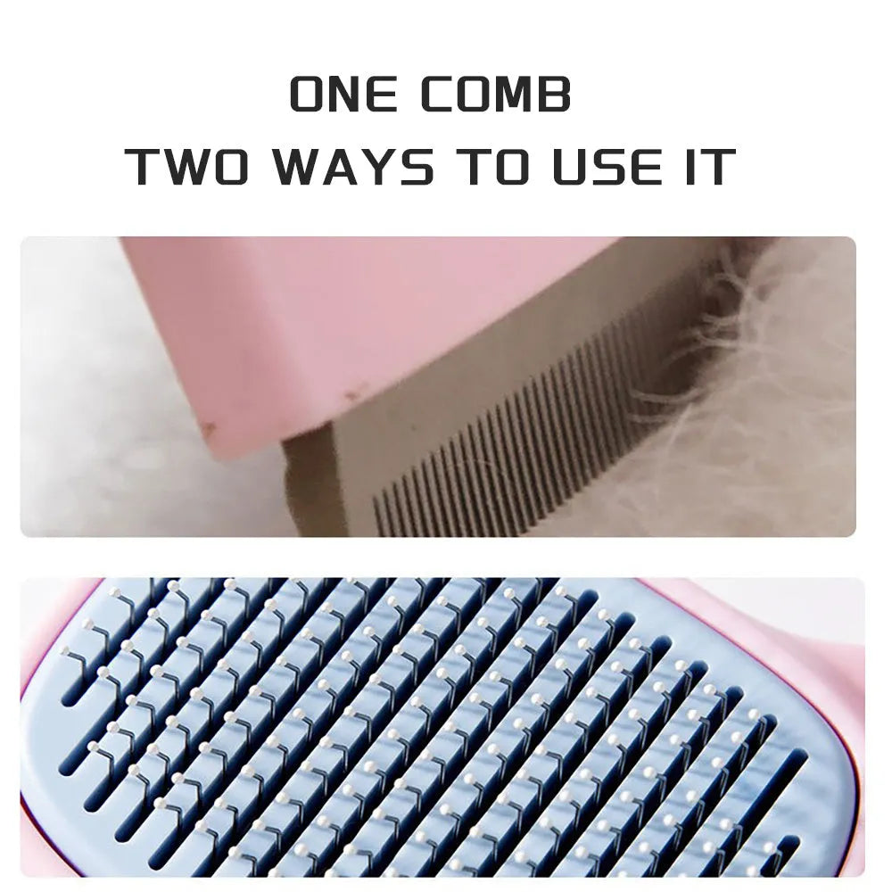 Blue and green double-sided pet grooming brush with deshedding rake and dematting comb.