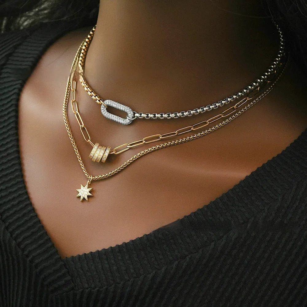 Oval Pendant Necklace with Dual-Color Patchwork Chain in Gold, Silver, Circle or XINGX Retro Style Brass and Titanium Steel Cuban Link Chain Necklace 31-40cm Adjustable Length