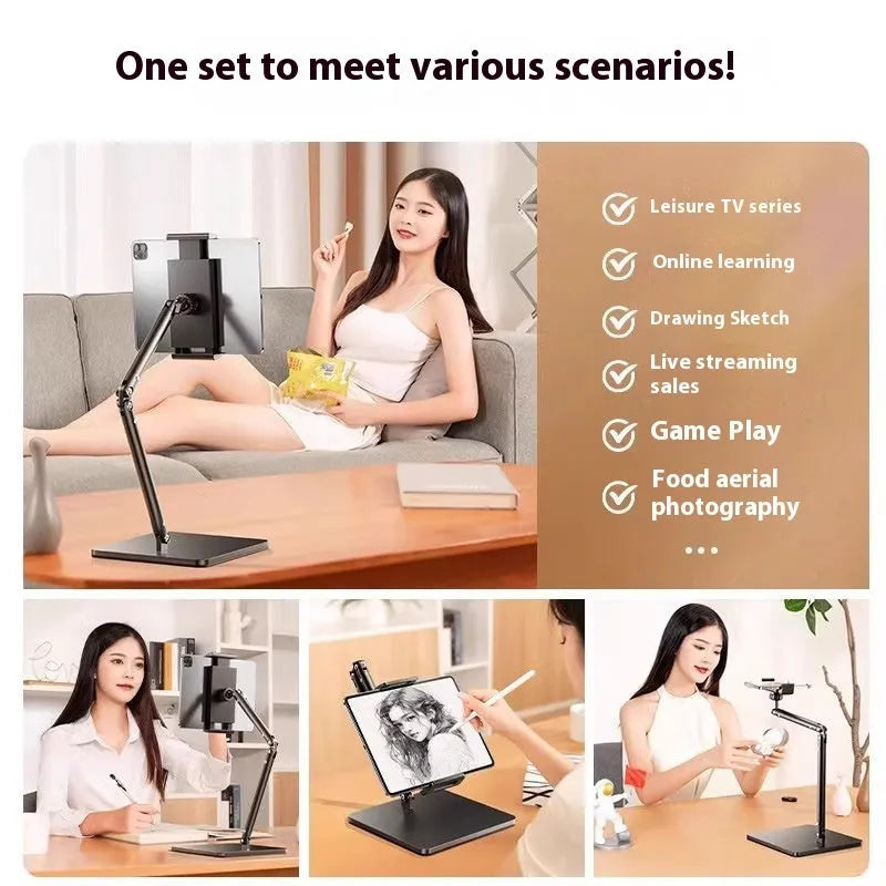 Square double arm alloy desktop bracket holding a mobile phone, with universal adjustment for devices 4-12.9 inches.