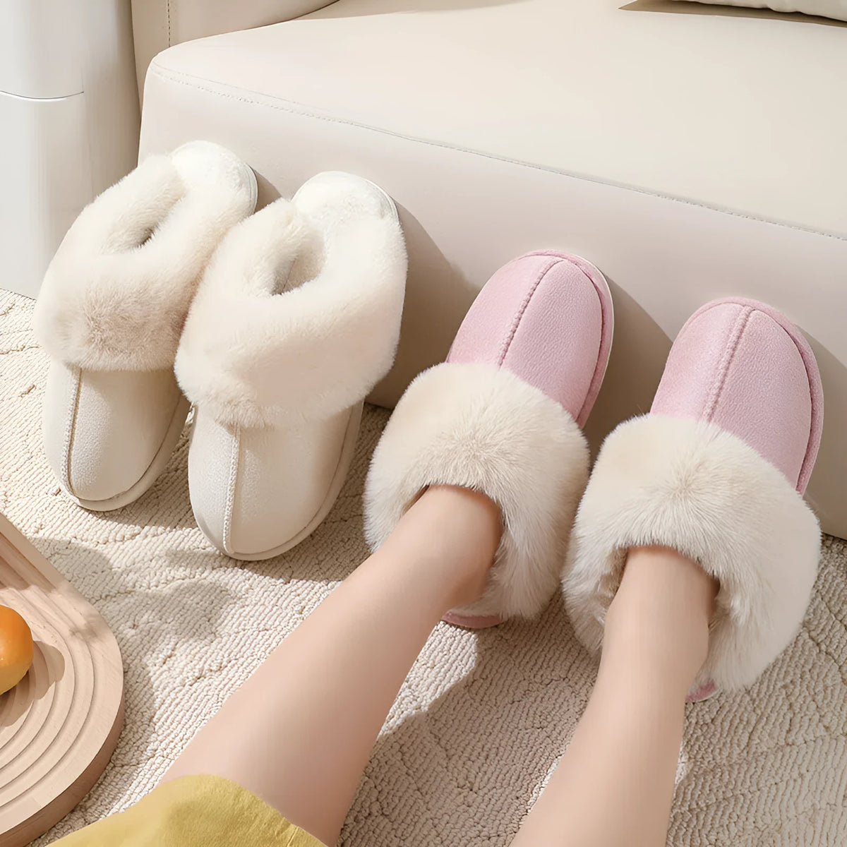 Large cotton slippers for women with cowhide upper, sheared sheepskin lining, non-slip outsole, closed toe, beige colour