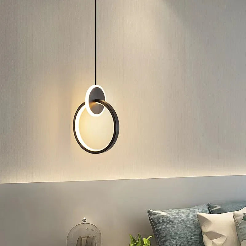 Modern black double-ring Nordic LED chandelier pendant light with adjustable cord