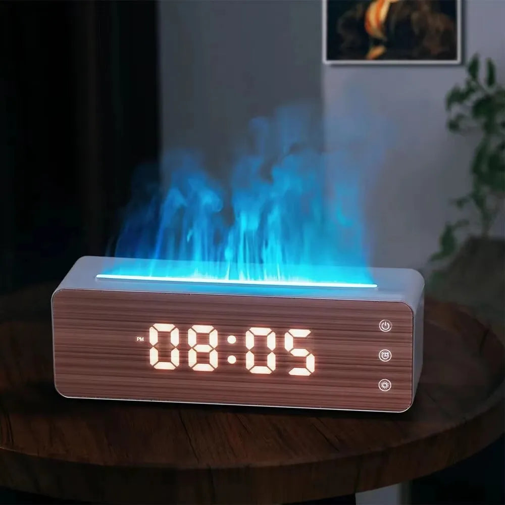 White flame humidifier with wood grain panel, clock and humidity display, UVC sterilisation, 280x85x95mm