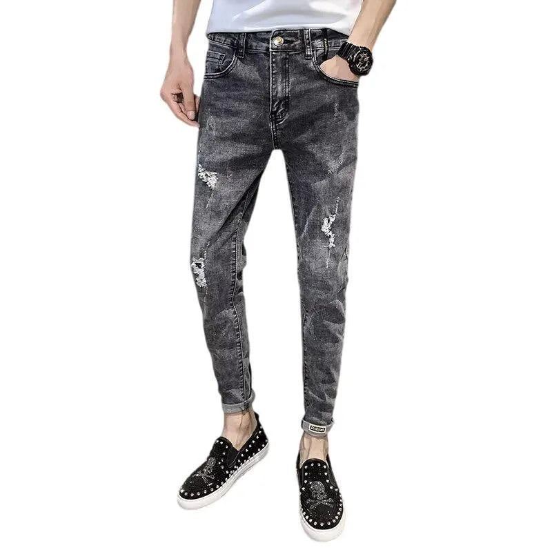 Men's high waist denim jeans trousers with button fly in cotton fabric