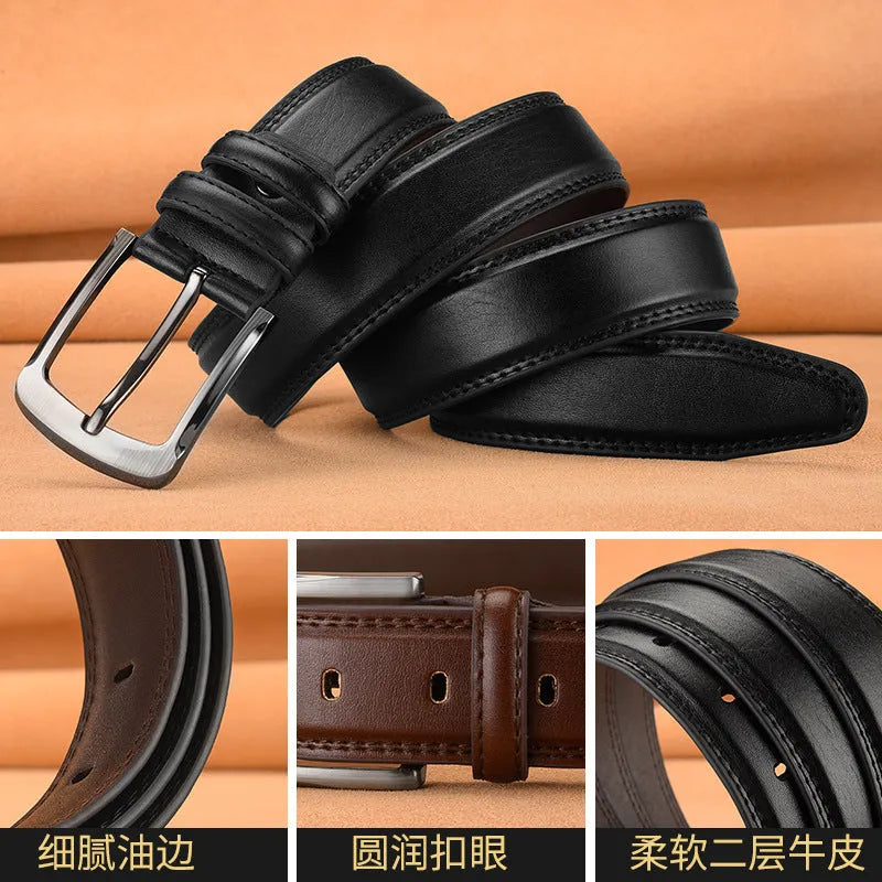 Men's genuine two-layer cowhide pin buckle belt with alloy buckle, in black, brown or orange, 110-125cm.
