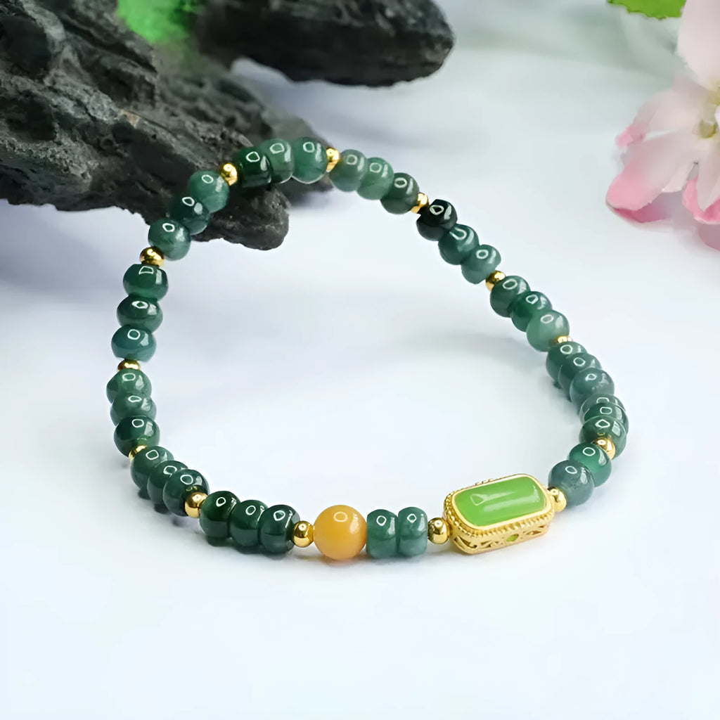 Natural stone blue water jade beaded bracelet for women with electroplated metal accents and geometric design