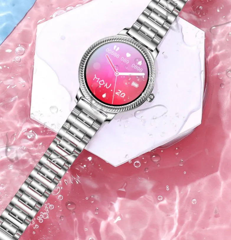 AK38 ladies smart watch with stainless steel Milanese mesh band and 1.09-inch colour screen displaying time.