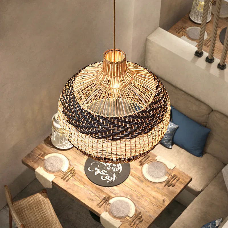 Nordic rattan chandelier with woven shade, 50cm diameter, for cafe or bar ceiling lighting.