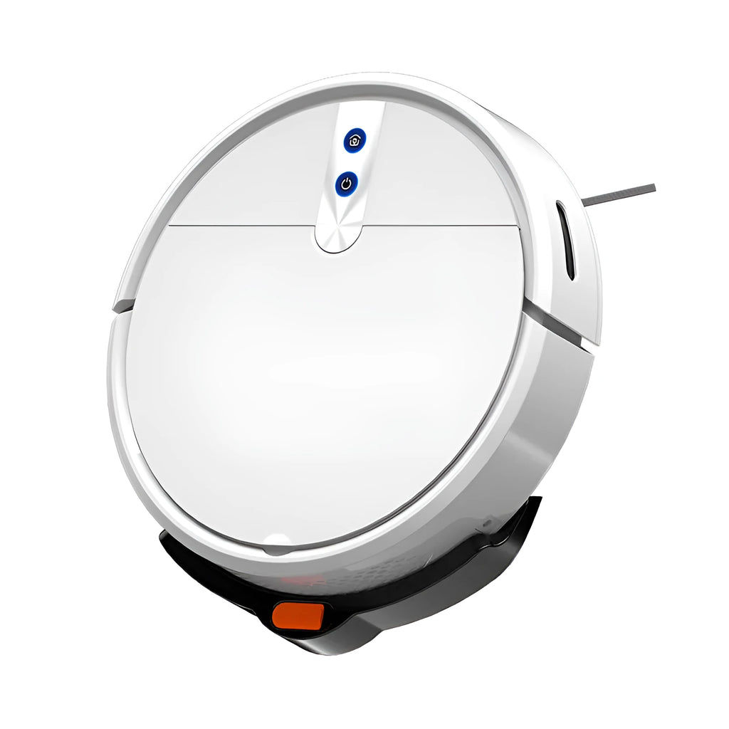Smart vacuum cleaner robot in black or white colours with brushless motor for automated floor cleaning