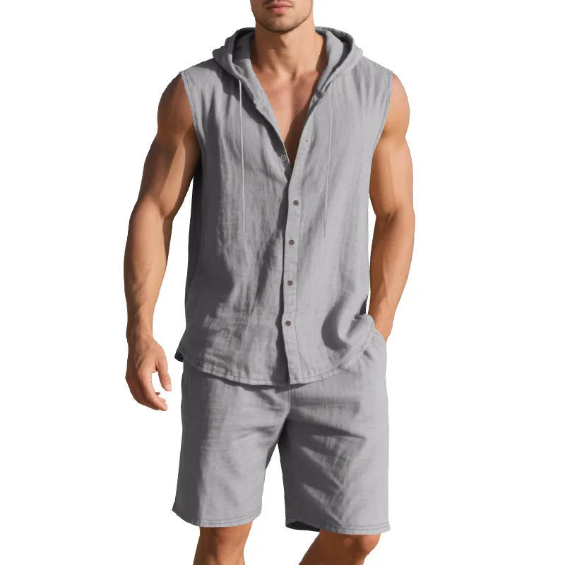 Men's sleeveless linen shirt and shorts suit set on a hanger, shown in a light colour.