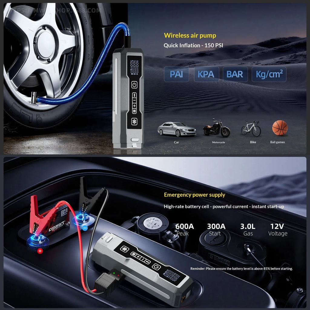 Wireless inflator with power bank showing 4-in-1 car vacuum and air pump with LED light