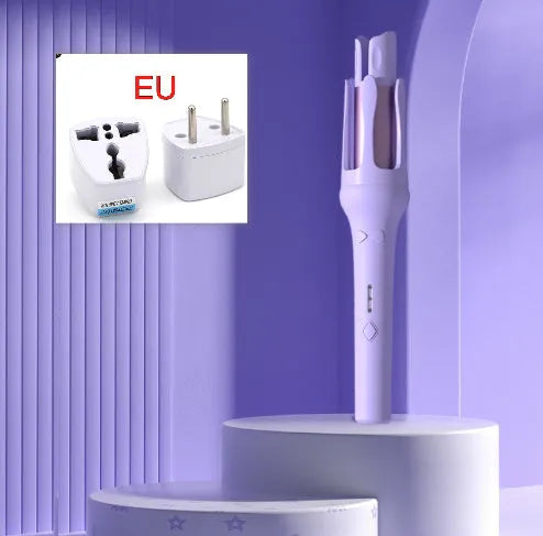 White and pink automatic hair curler with a rotating 32mm ceramic barrel and digital temperature display.