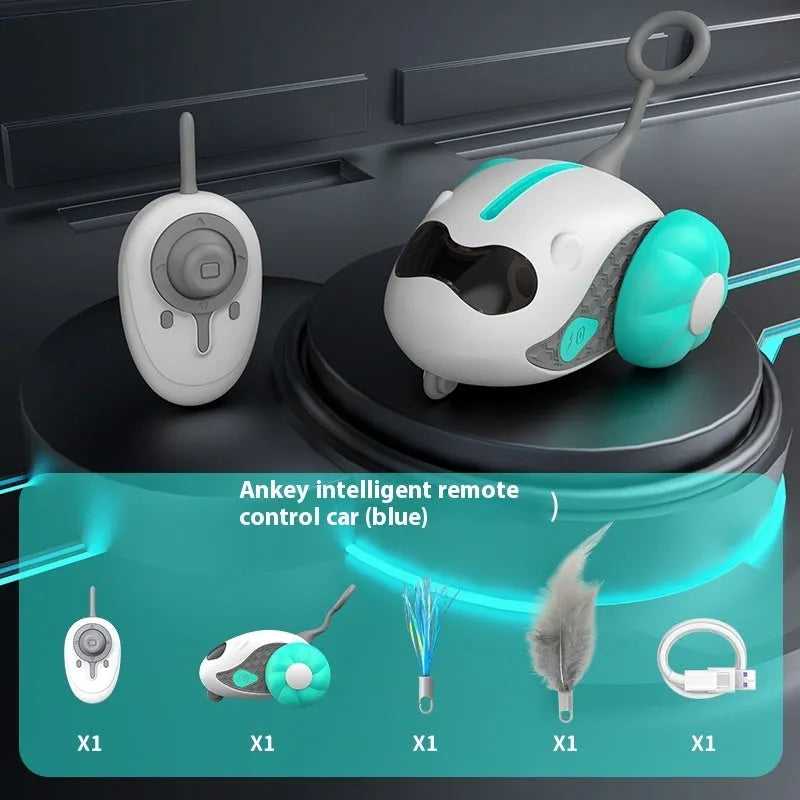 Orange remote control cat teaser car with feather attachment and wireless controller