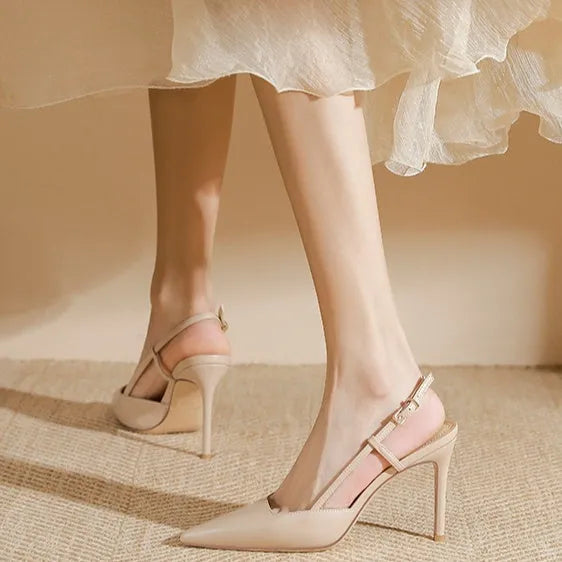 Women's apricot buckle strap high-heeled sandals showing adjustable strap and thin belt design