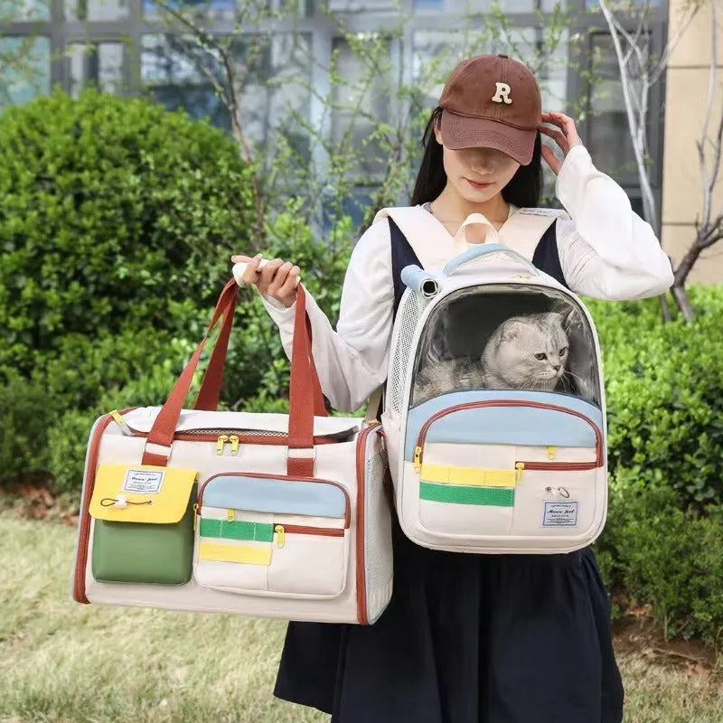Oxford cloth pet carrier bag with colour-matching design, available in backpack and handbag styles for cats and dogs