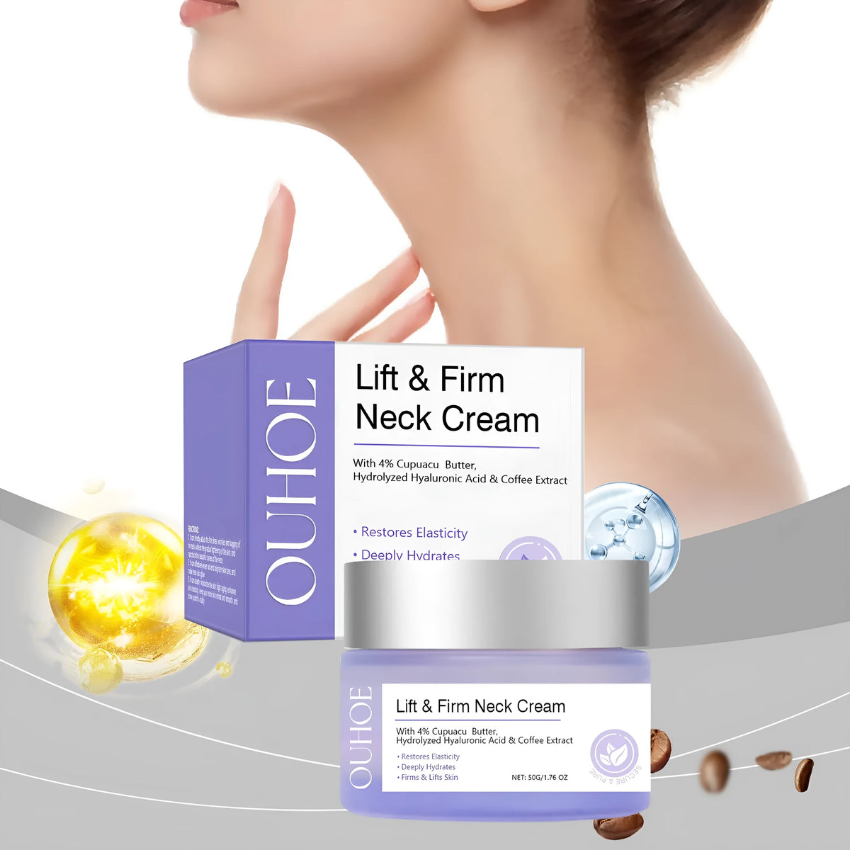 50g neck skin cream jar with coffee extract and hyaluronic acid for moisturising