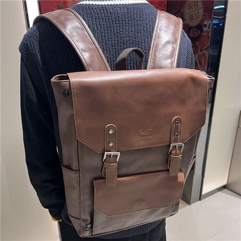 Unisex breathable PU backpack in light brown colour showing college style design