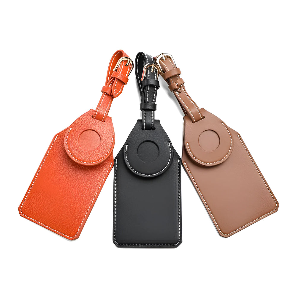 Luggage tracker protective case in black, brown and orange colours made from PU/PVC material