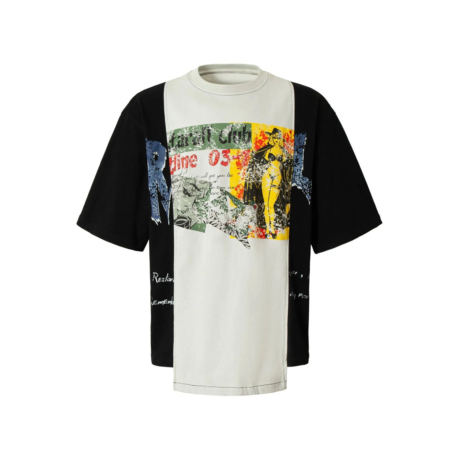 Black and white stitched oversized T-shirt with a broken collage deconstruction graphic print.