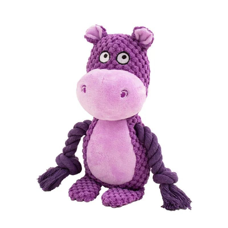 Plush dog toy with rope and squeaker in hippo design for tug-of-war play.