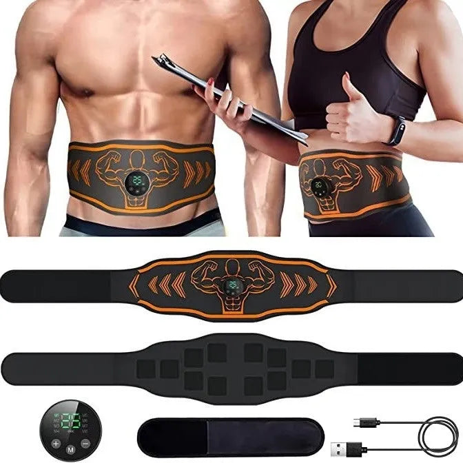 Blue and orange Smart Massage Belt EMS device with adjustable strap and adhesive arm stickers on a grey background