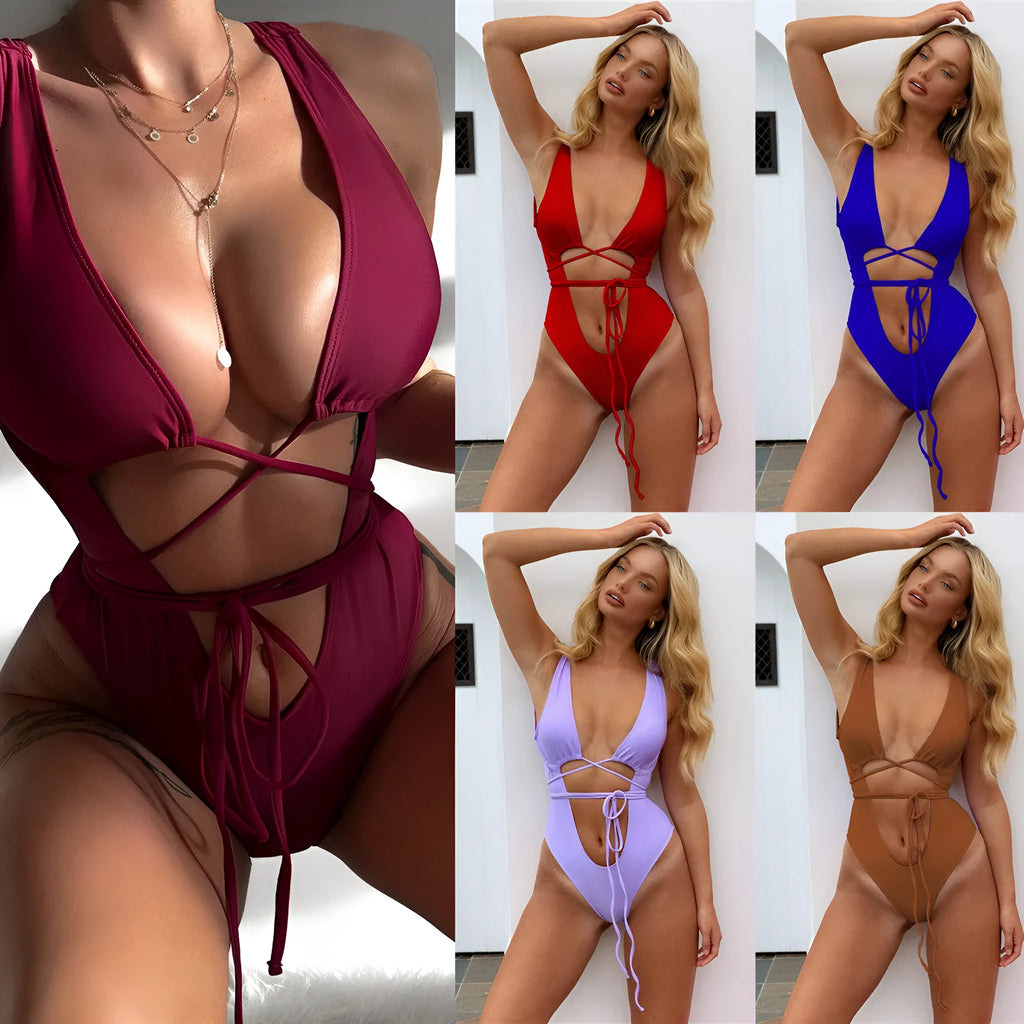 Women's solid colour one-piece swimsuit with hollow-out back strap design.