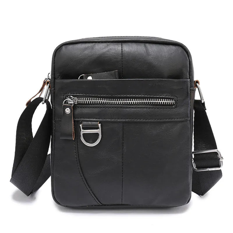 Black genuine leather crossbody messenger bag for boys with sewing line detail showing 8 inch size