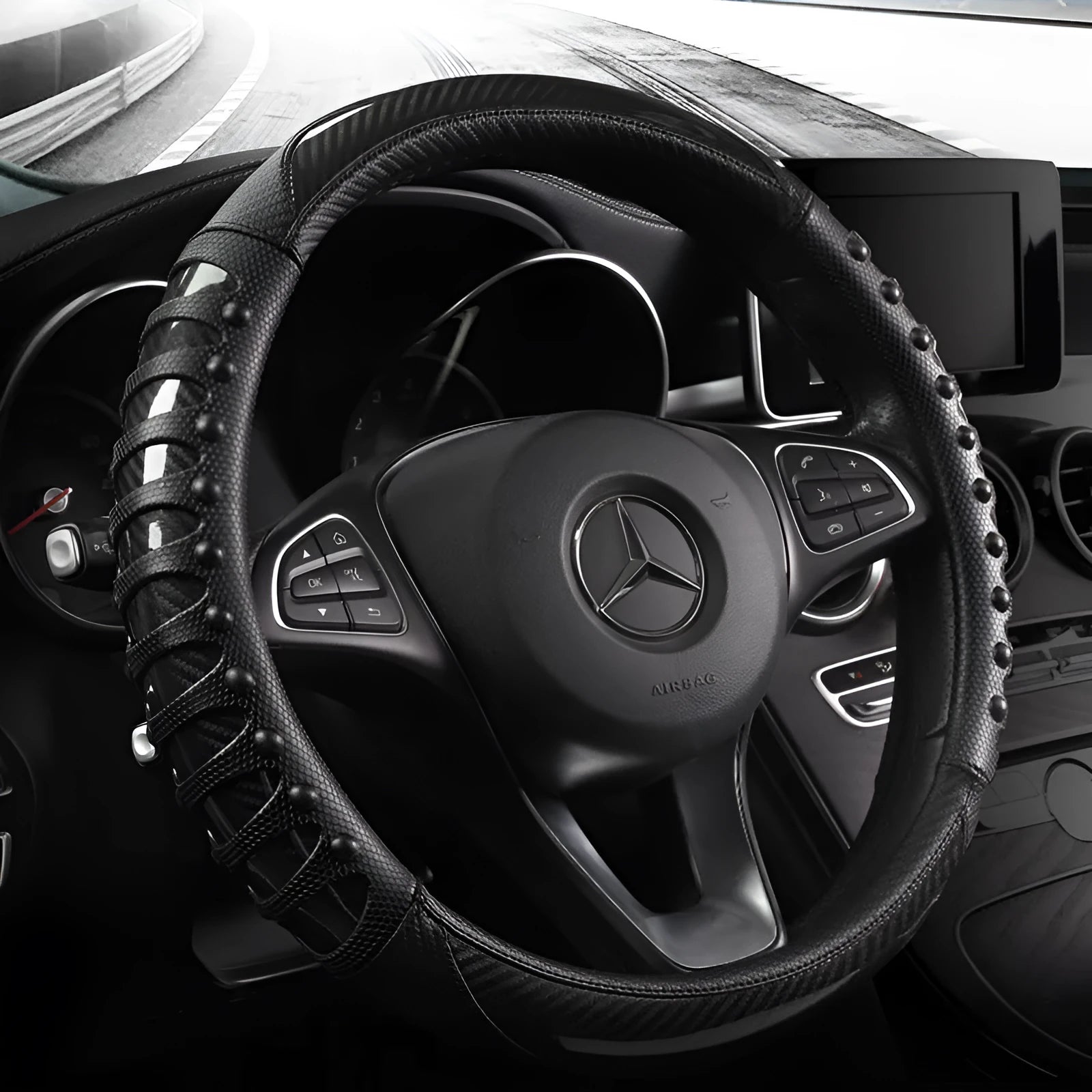 Leather silicone car steering wheel cover in business style with round fit
