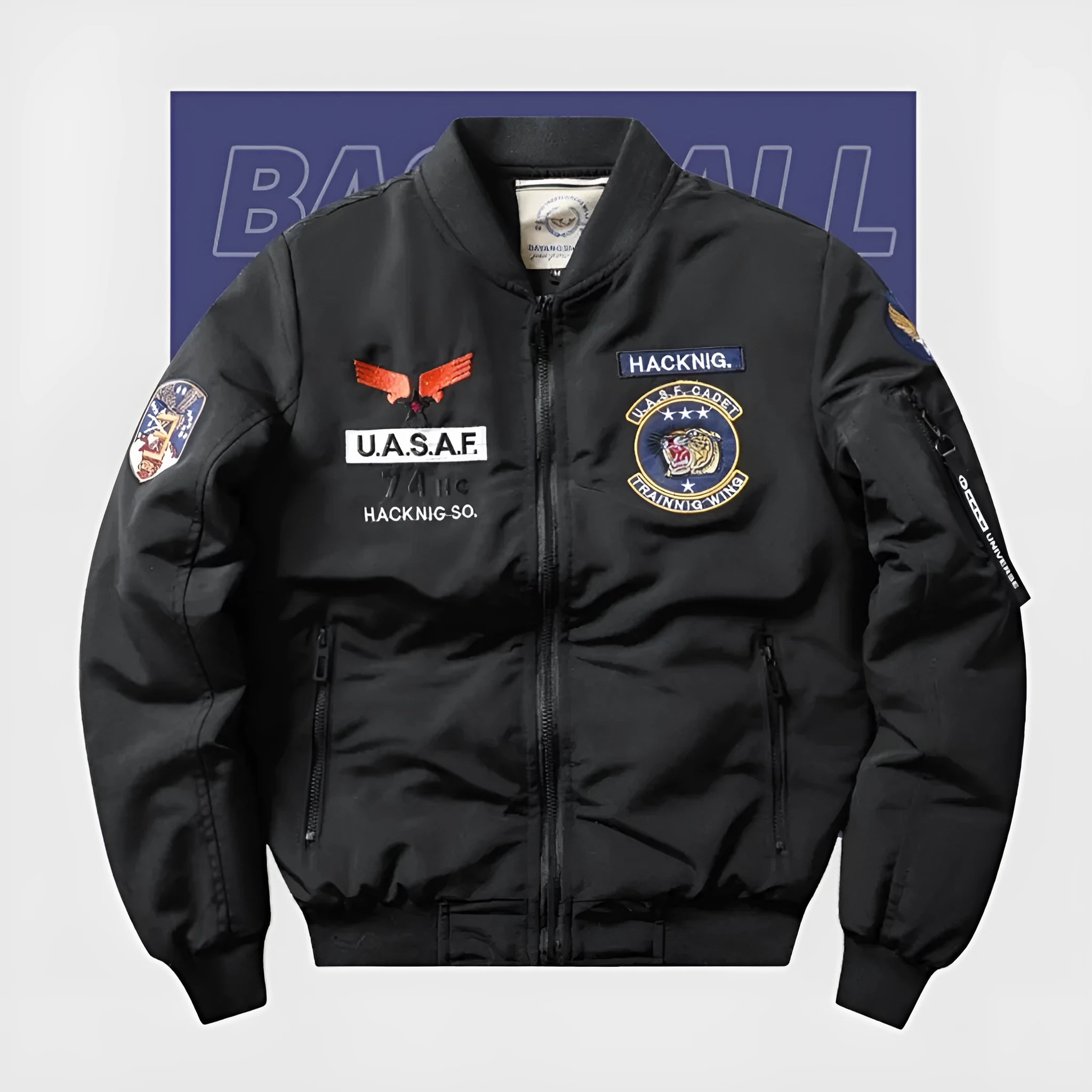 A man's slim-fit black retro motorcycle jacket with a stand collar, embroidery detail, and patch pockets.
