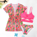Girls floral bikini swimsuit with split overclothes design for swimming and wading activities
