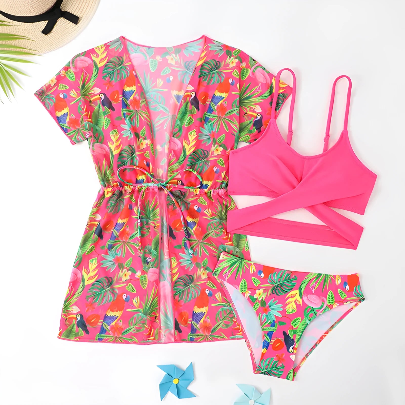 Girls floral bikini swimsuit with split overclothes design for swimming and wading activities