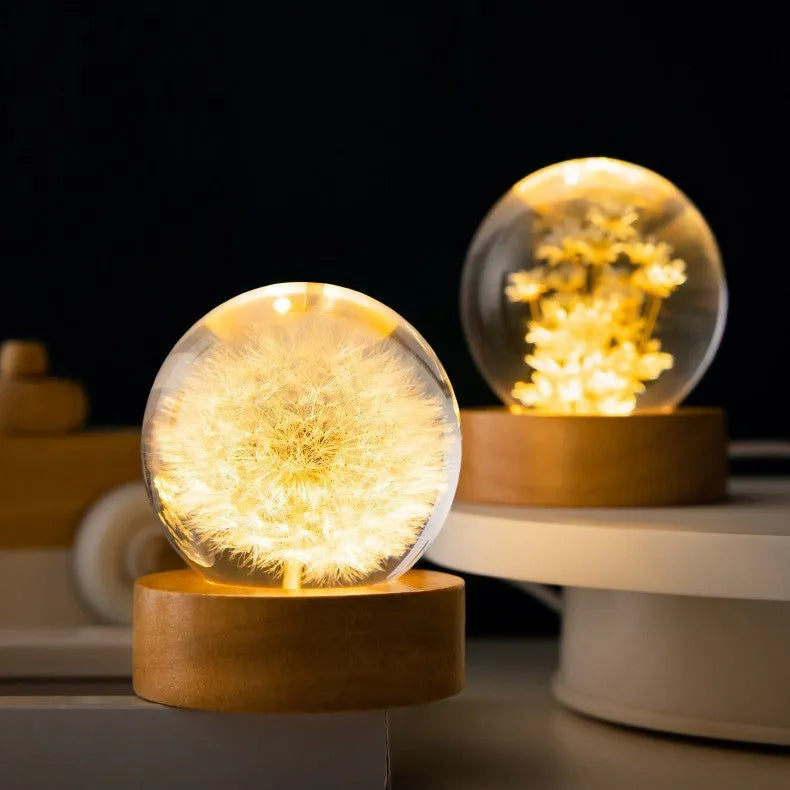 3D dandelion crystal ball night light on beech wood stand with USB cable