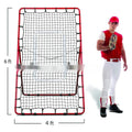 Red metal frame portable baseball training net set up for practice.