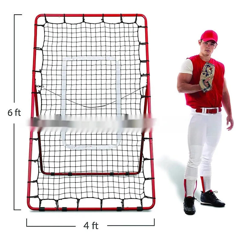 Red metal frame portable baseball training net set up for practice.