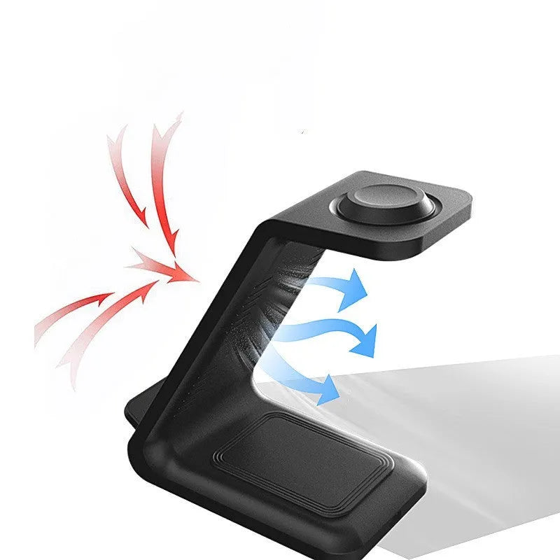 White upright wireless charging stand holding a mobile phone, with a smartwatch and earbuds case charging on its base.