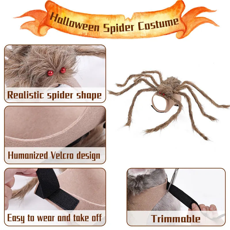 A grey spider costume for a dog or cat, showing the Halloween pet clothing.