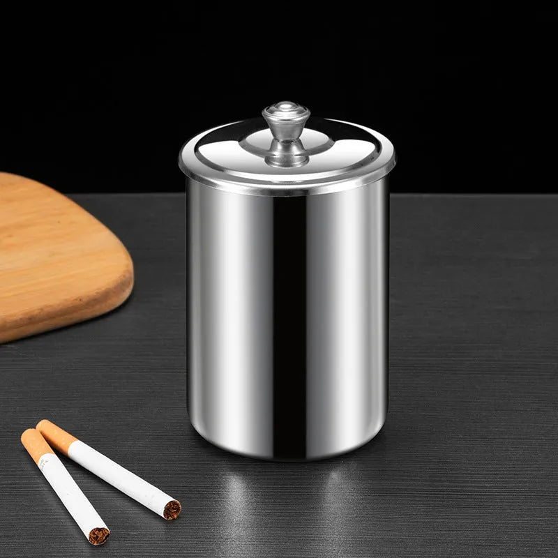 Stainless steel fly ash ashtray with cover, funnel and smoke button in multiple colours