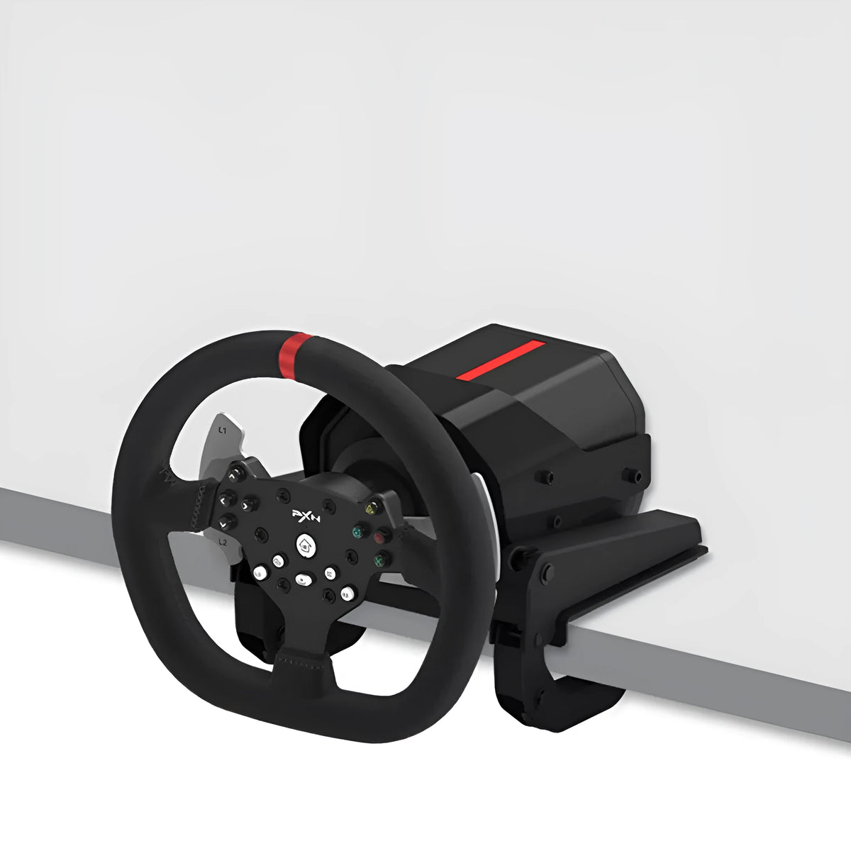 PXN V10 force feedback racing game steering wheel with black rim and red accents, compatible with PC and consoles