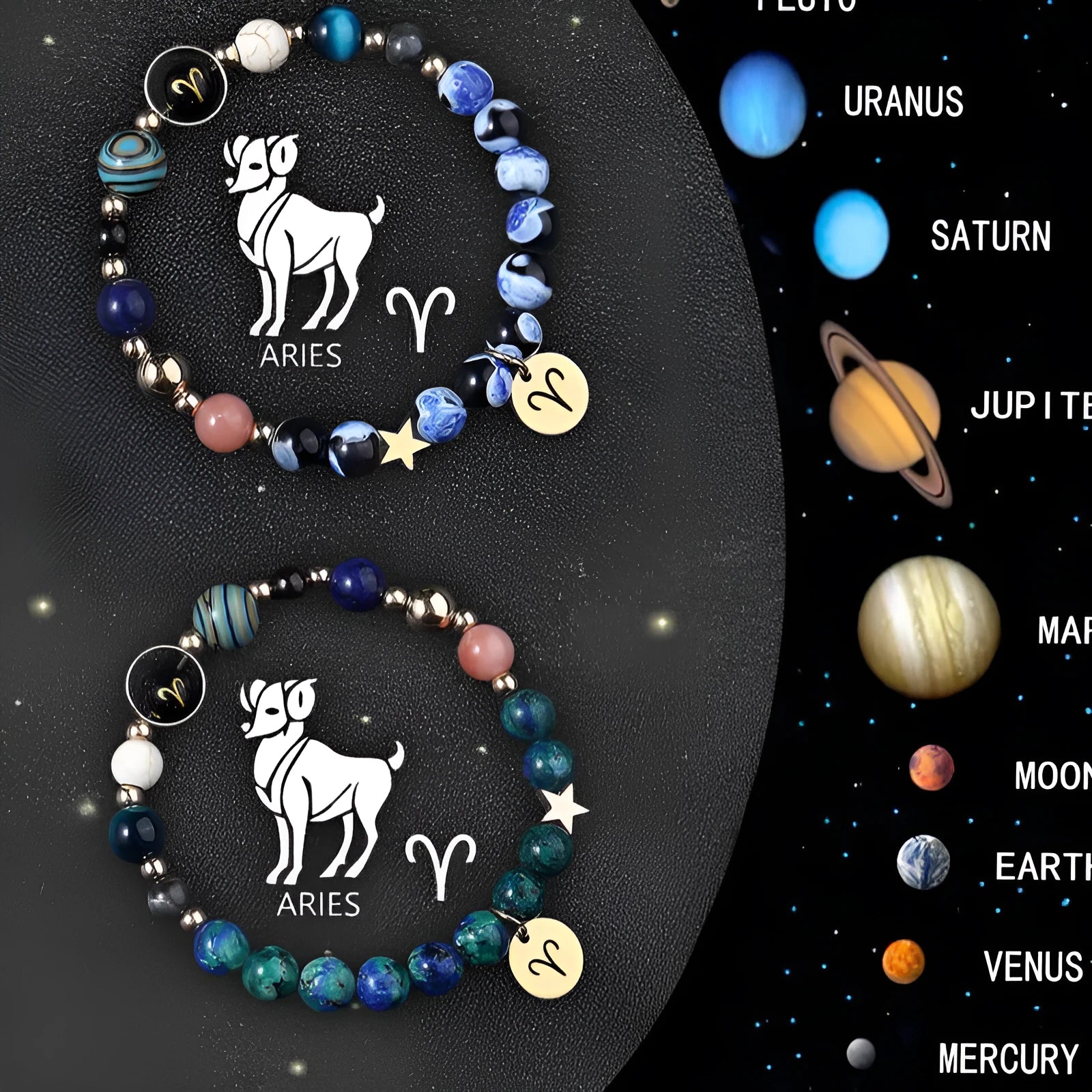 Two natural stone beaded bracelets with sterling silver zodiac charms on a wooden surface.