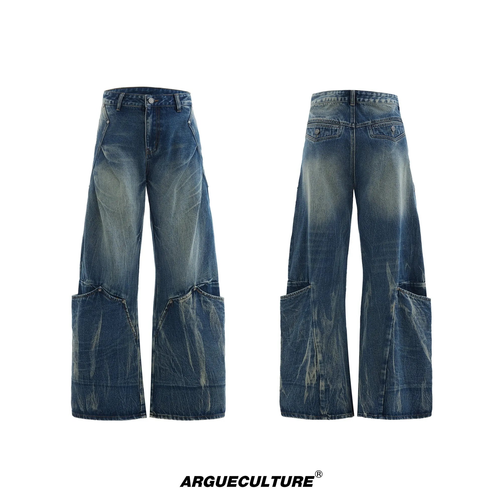 Man wearing verdant blue loose-fit retro jeans with a curved knife washed pattern on the legs.