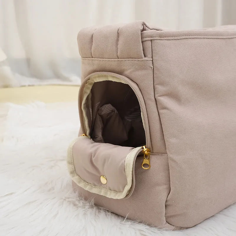 Soft surface large capacity pet messenger bag in black and beige with shoulder strap