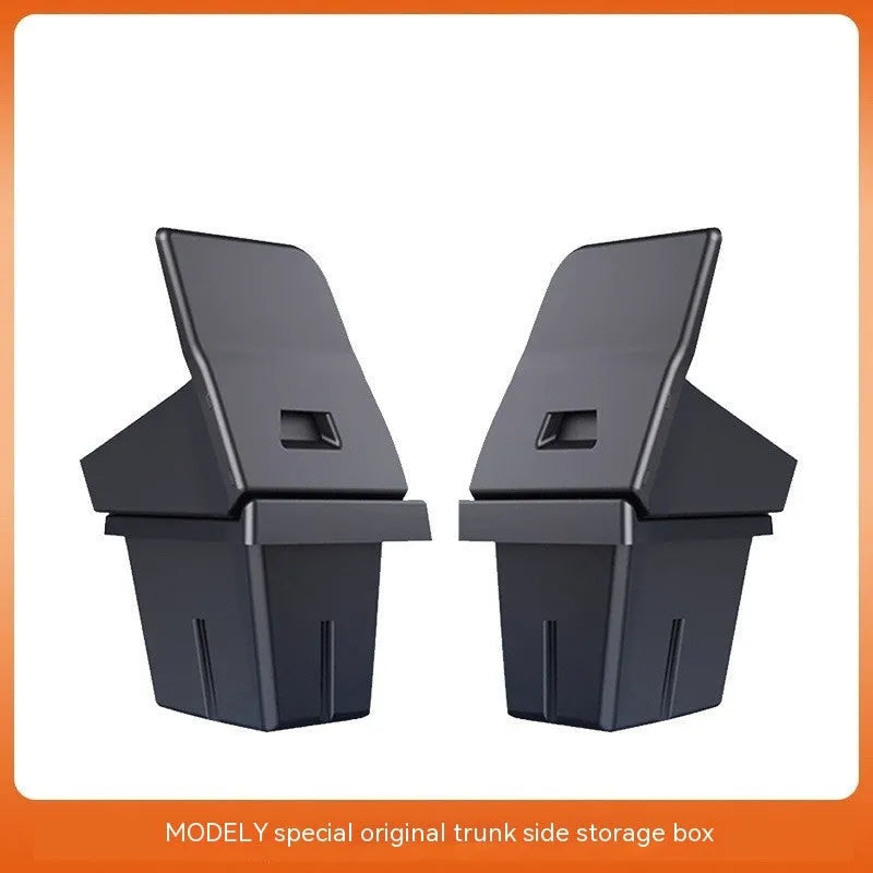TPE trunk side storage box cover accessory for Tesla Model Y and Model 3 interior.