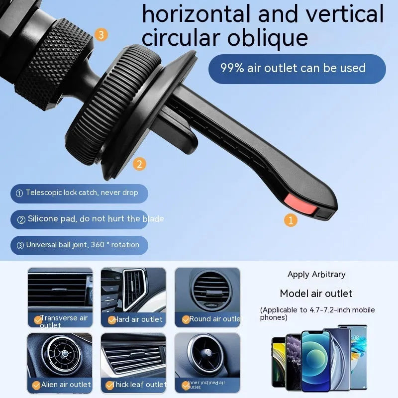 Silver aluminium alloy car phone holder with snap-on bracket mounted on a car air vent