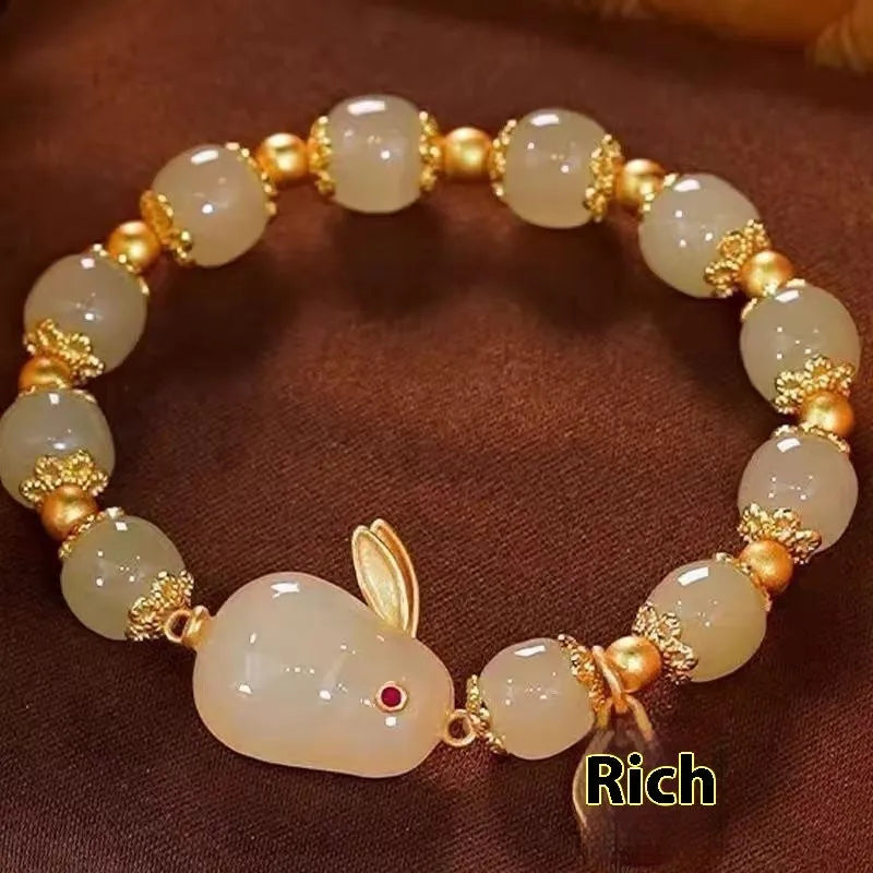 Green jade hare bracelet for women with Chinese zodiac animal styling and electroplated finish