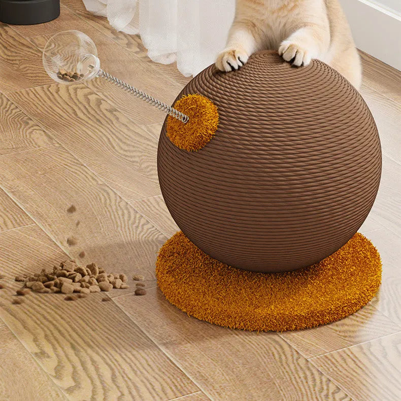 Natural hemp rope cat scratching post with a dangling felt toy ball, shown in large and small size options.