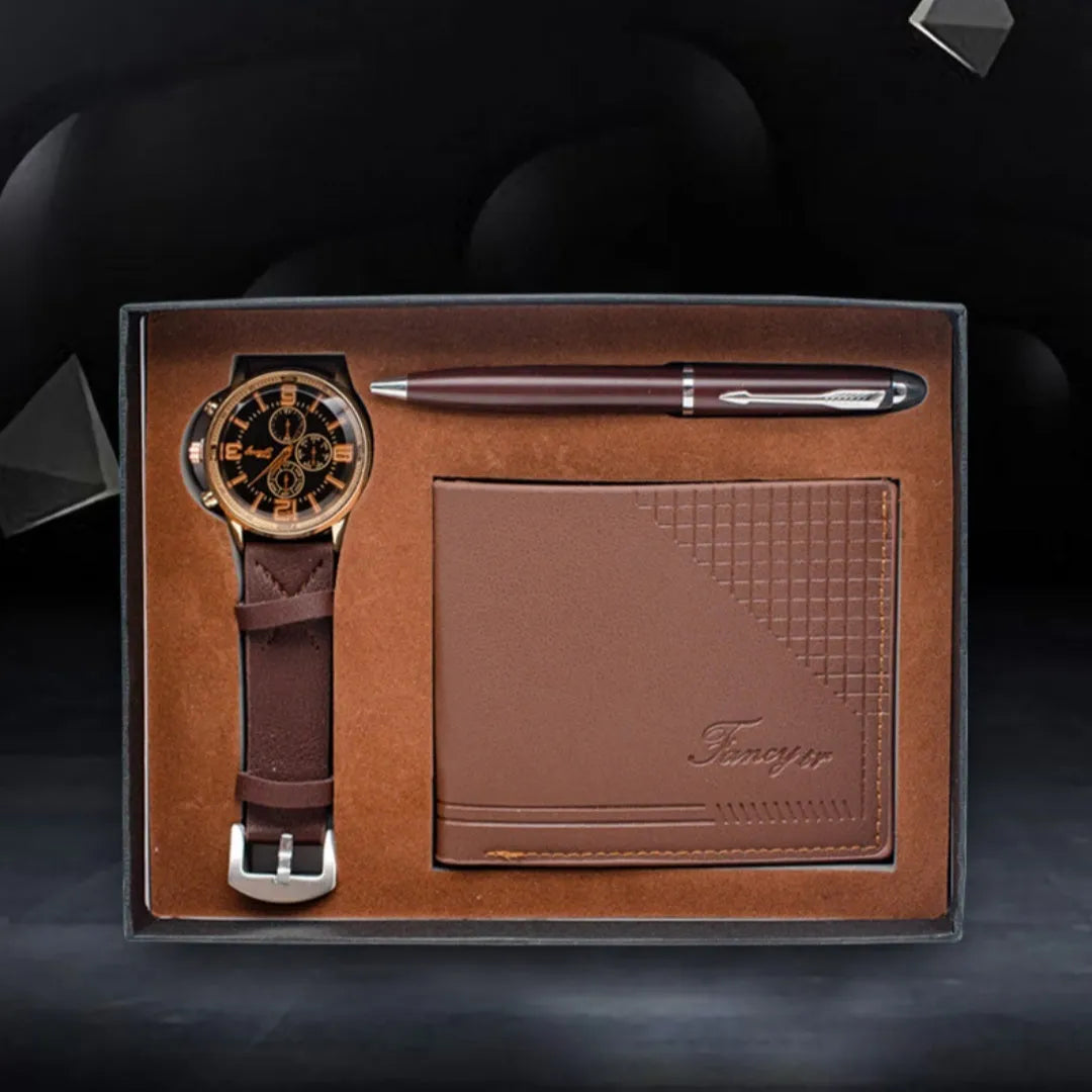 Creative holiday gift set showing wallet, pen, and watch in gift box with black or brown colour options