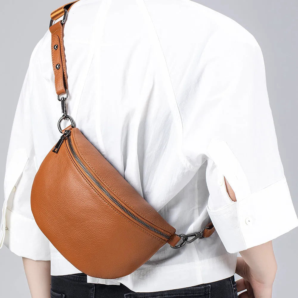 Genuine leather simple women's messenger bag in soft cowhide with sewing thread detailing